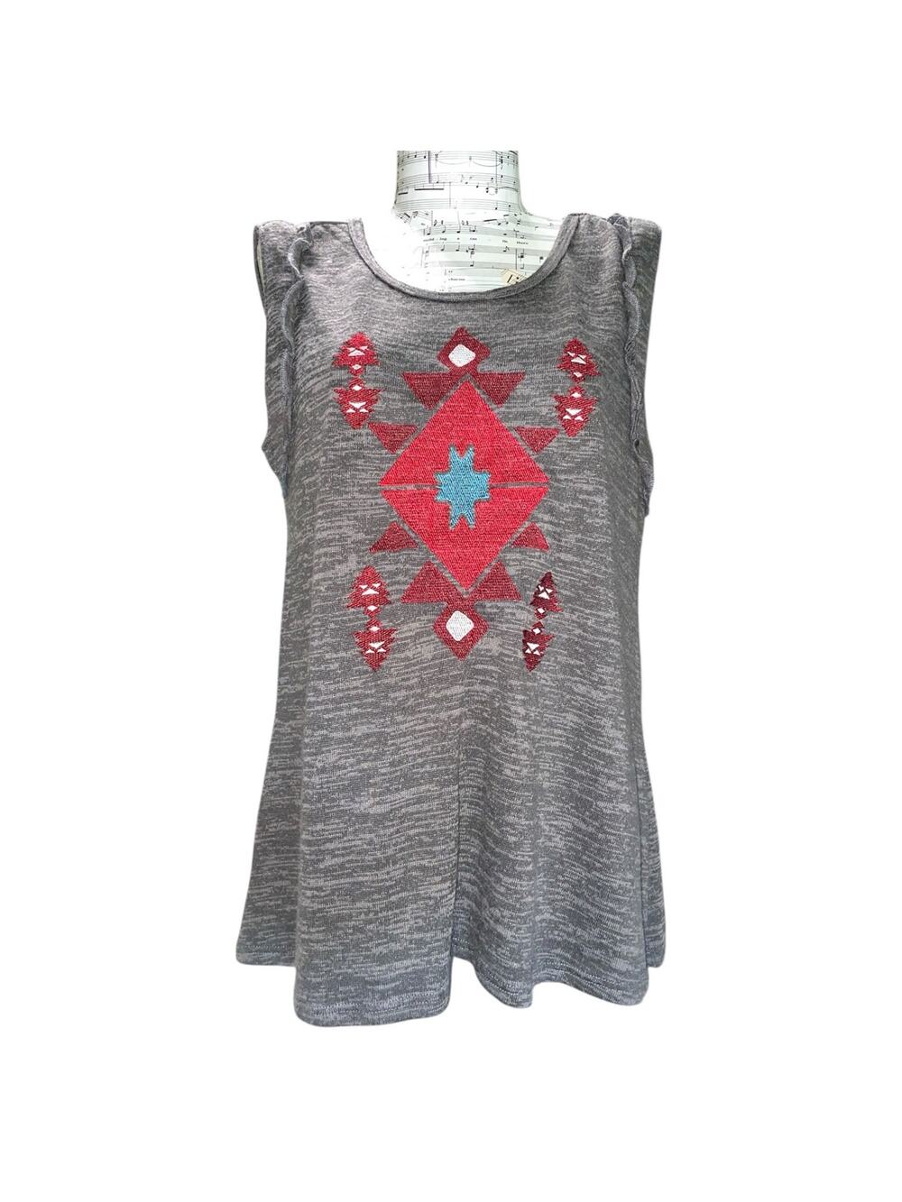 Cruel Denim Charcoal Southwestern Graphic Tank with Ruffle M